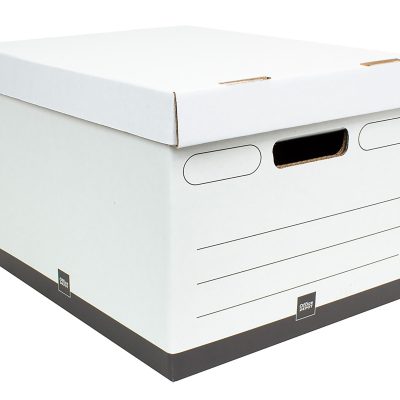 Office Depot® Brand Heavy-Duty Quick Set Up Storage Boxes, Letter/Legal Size, 15" x 12" x 10", White/Black, Pack Of 5