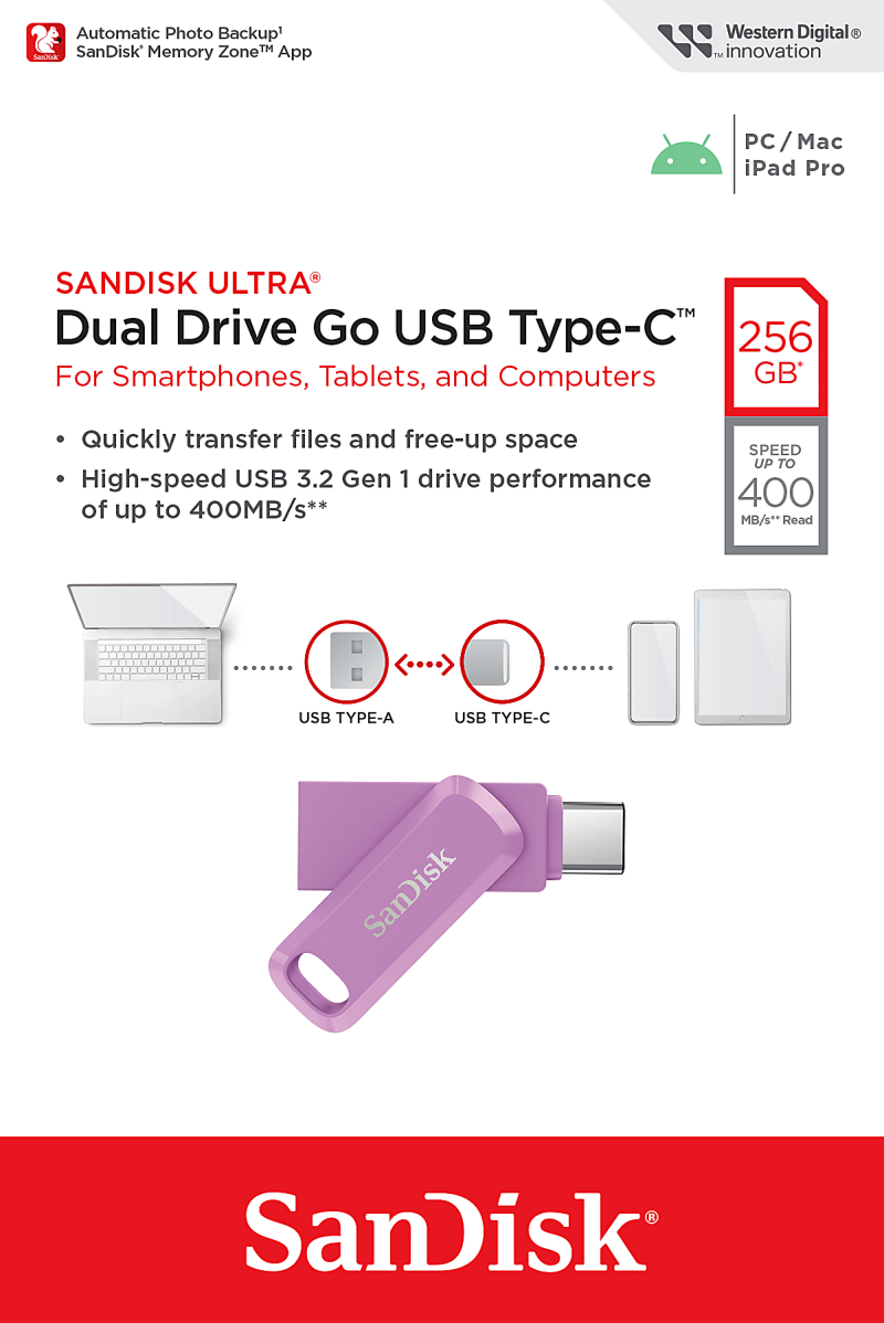 SanDisk USB Type-C Dual Drive, 256 GB, Lavender - Image 6