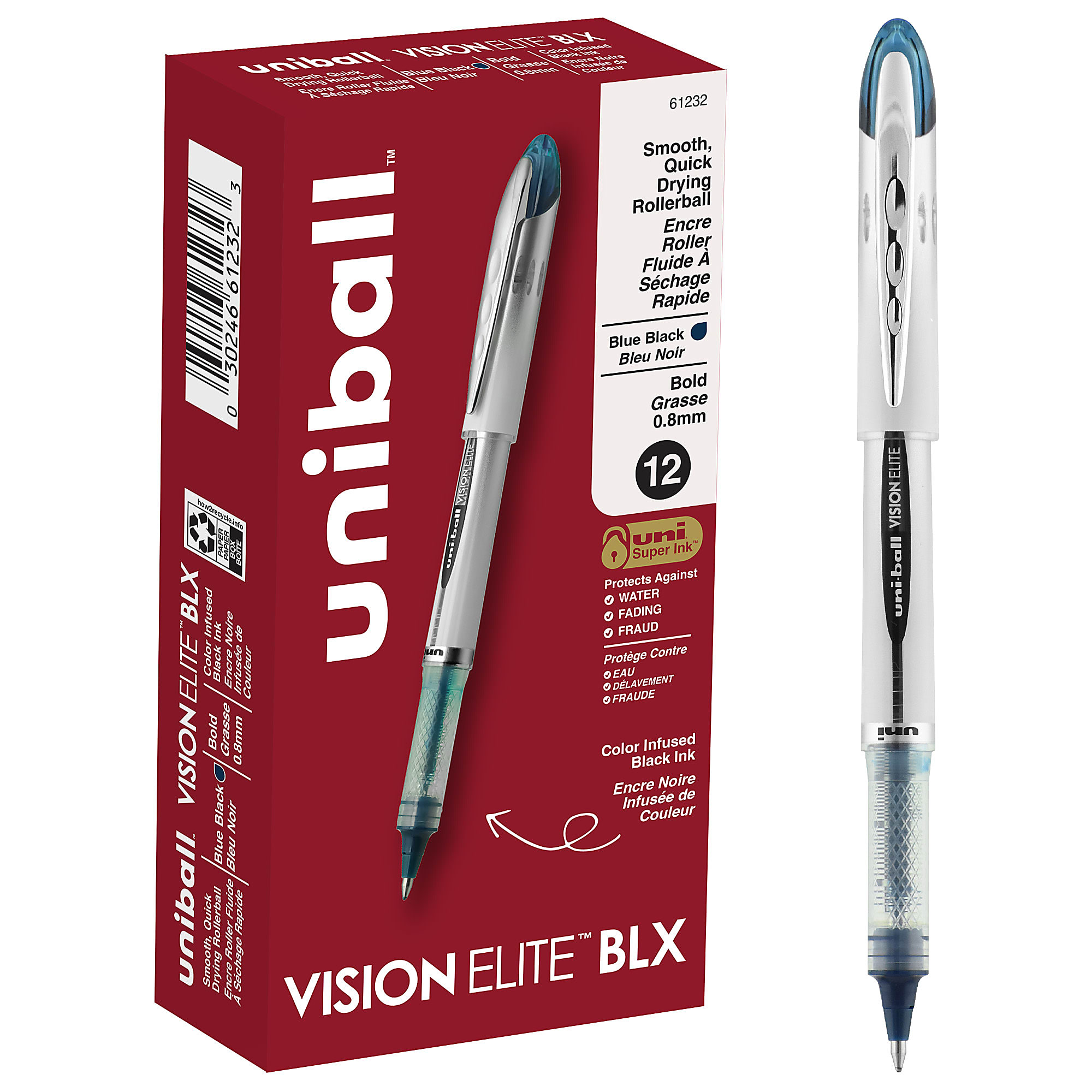 uni-ball® Vision™ Elite™ Liquid Ink Rollerball Pens, Bold Point, 0.8 mm, White Barrel, Blue/Black Ink, Pack Of 12 - Assorted,12