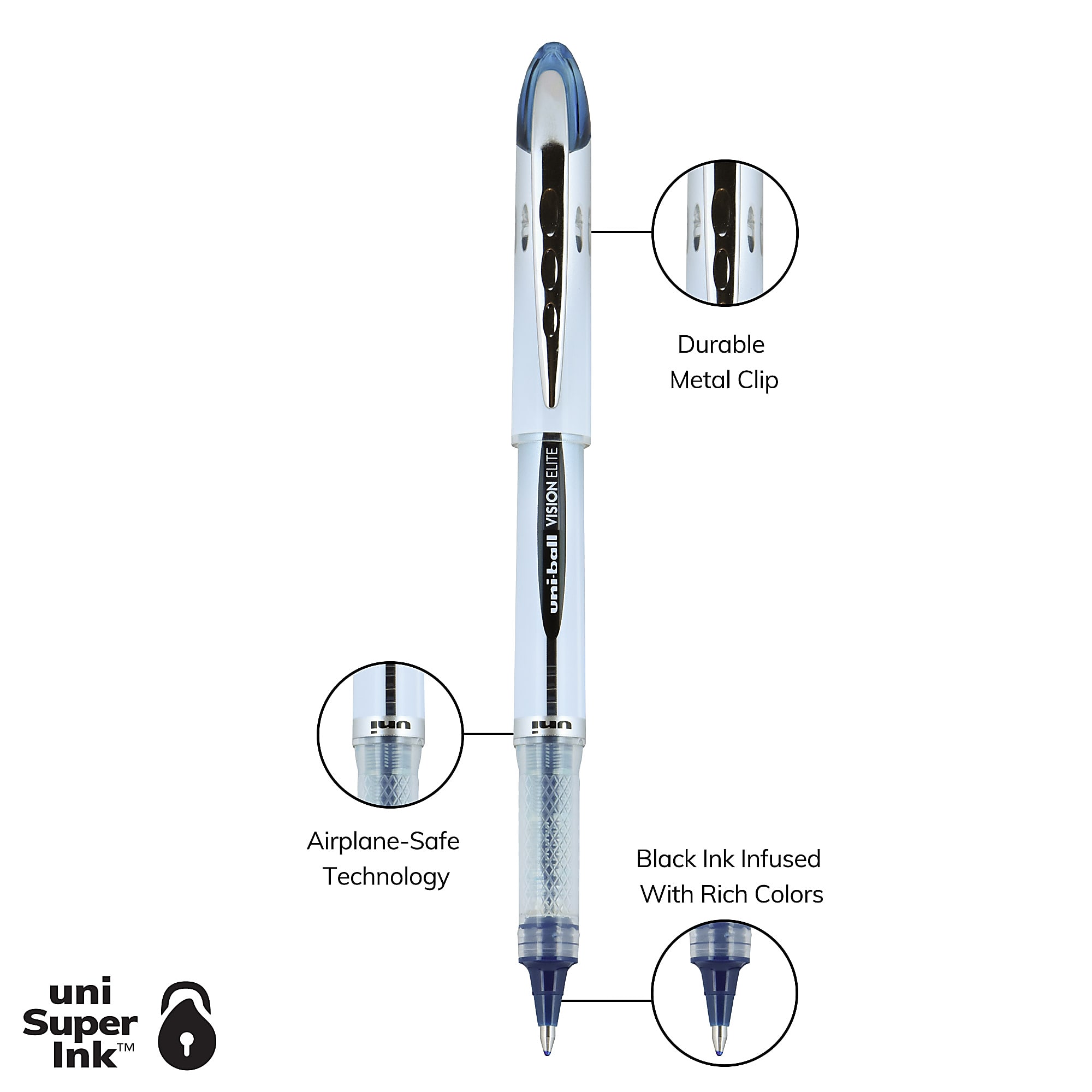 uni-ball® Vision™ Elite™ Liquid Ink Rollerball Pens, Bold Point, 0.8 mm, White Barrel, Blue/Black Ink, Pack Of 12 - Image 3