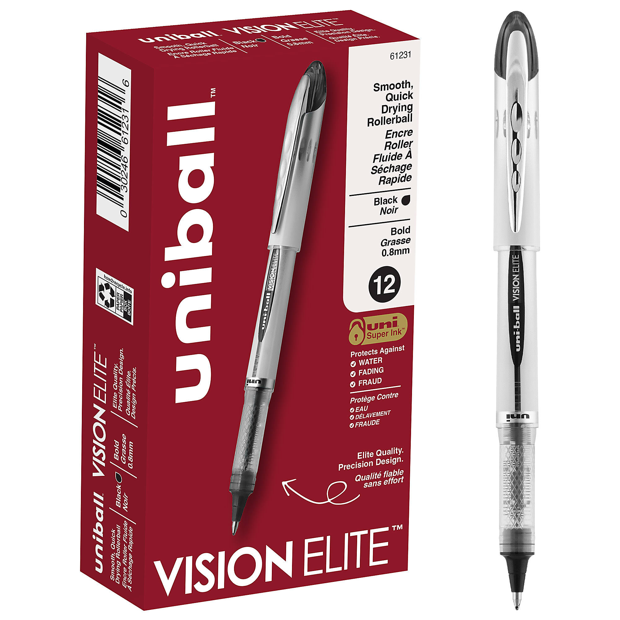 uni-ball® Vision™ Elite™ Liquid Ink Rollerball Pens, Bold Point, 0.8 mm, White Barrel, Black Ink, Pack Of 12 - Black,12