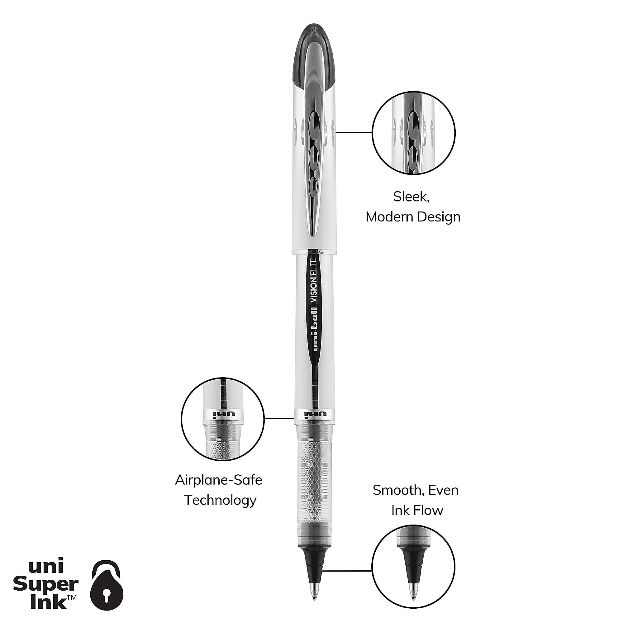 uni-ball® Vision™ Elite™ Liquid Ink Rollerball Pens, Bold Point, 0.8 mm, White Barrel, Black Ink, Pack Of 12 - Image 3