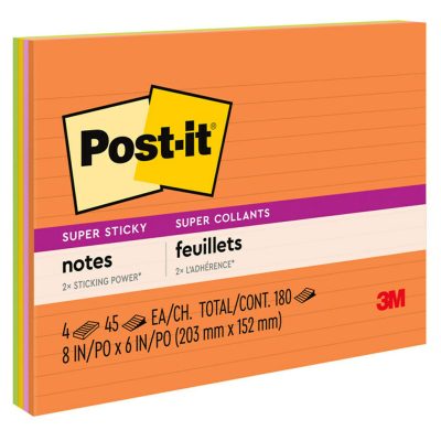 Post-it Super Sticky Notes, 4 Pads, 8 in x 6 in, 2x the Sticking Power, School Supplies and Office Products, Sticky Notes for Vertical Surfaces, Monitors, Walls and Windows, Energy Boost Collection, Lined