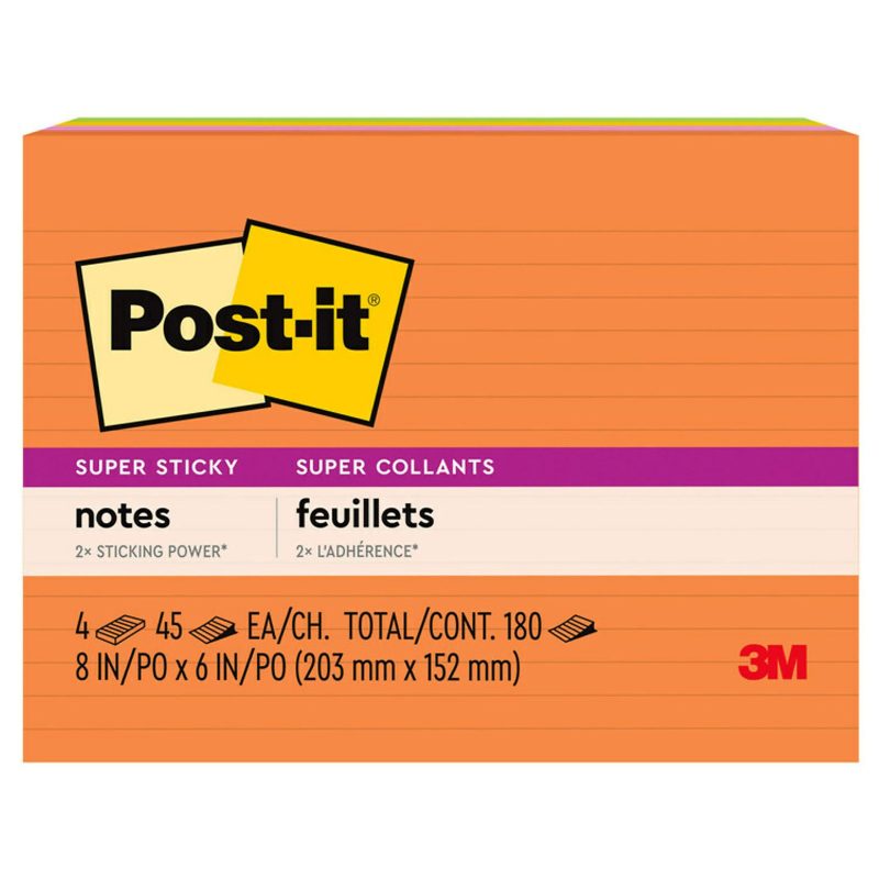 Post-it Super Sticky Notes, 4 Pads, 8 in x 6 in, 2x the Sticking Power, School Supplies and Office Products, Sticky Notes for Vertical Surfaces, Monitors, Walls and Windows, Energy Boost Collection, Lined - Image 9