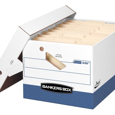 Bankers Box® Presto™ Heavy-Duty Storage Boxes With Locking Lift-Off Lids And Built-In Handles, Letter/Legal Size, 15" x 12" x 10", 60% Recycled, White/Blue, Case Of 4