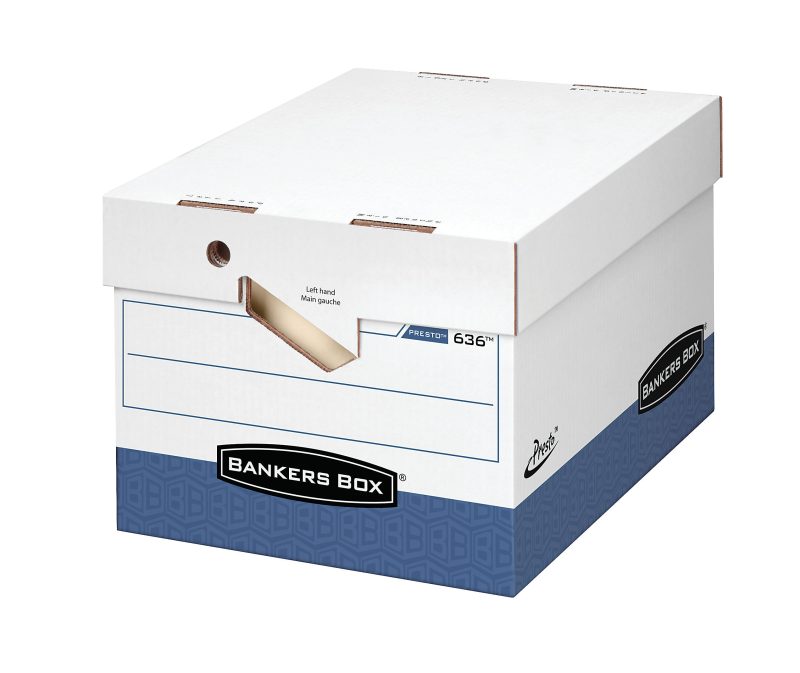 Bankers Box® Presto™ Heavy-Duty Storage Boxes With Locking Lift-Off Lids And Built-In Handles, Letter/Legal Size, 15" x 12" x 10", 60% Recycled, White/Blue, Case Of 4 - Image 3
