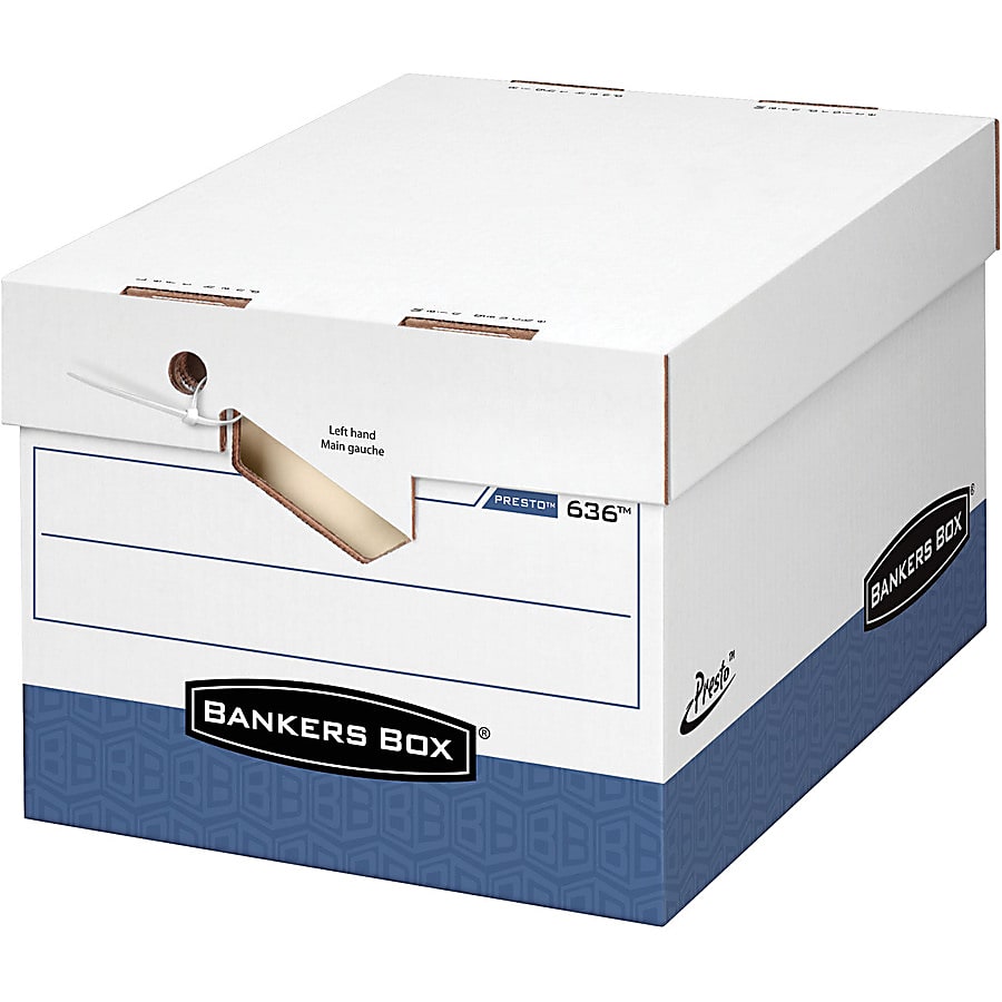 Bankers Box® Presto™ Heavy-Duty Storage Boxes With Locking Lift-Off Lids And Built-In Handles, Letter/Legal Size, 15" x 12" x 10", 60% Recycled, White/Blue, Case Of 4 - Image 6