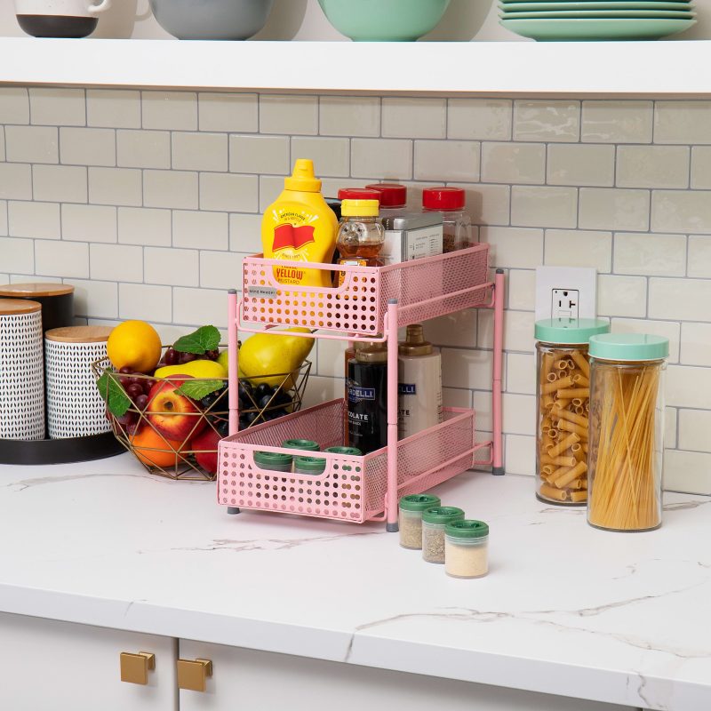Mind Reader 2-Tier Mesh Cabinet Basket, 11-1/4" H x 12-1/2" W x 8" D, Pink - Image 2