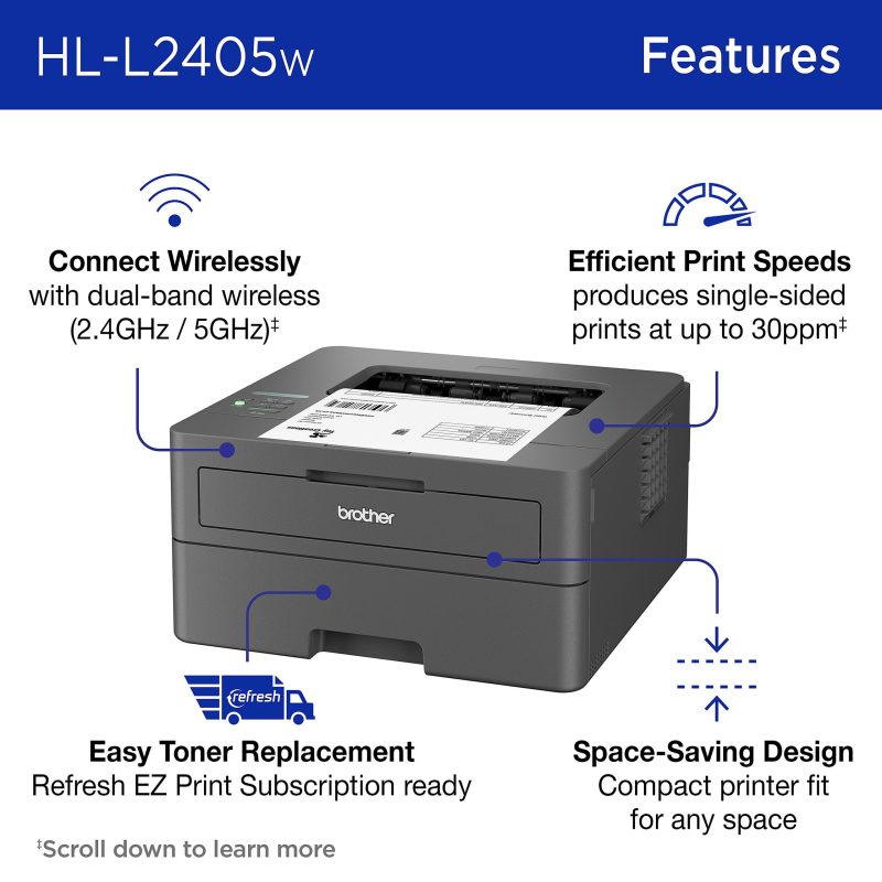 Brother HL-L2405W Wireless Compact Monochrome Laser Printer, Mobile Printing, Refresh EZ Print Eligibility - Image 2