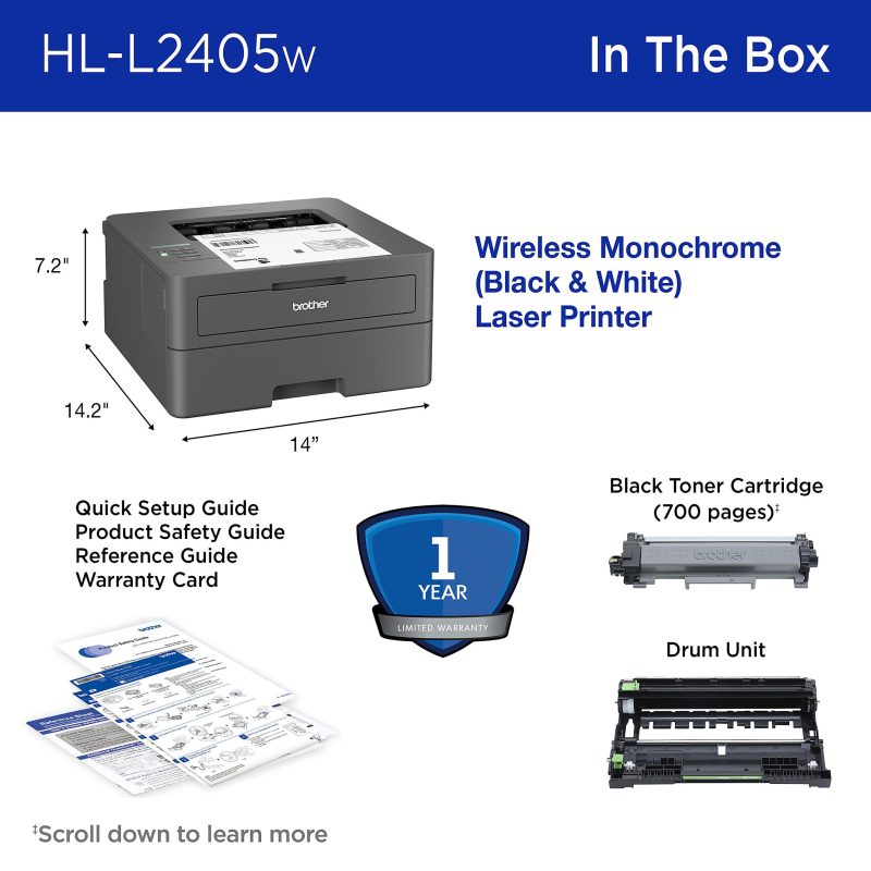 Brother HL-L2405W Wireless Compact Monochrome Laser Printer, Mobile Printing, Refresh EZ Print Eligibility - Image 8