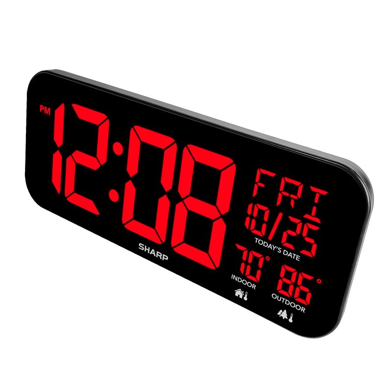 Sharp Jumbo 4'' LED Wall Clock with Indoor/Outdoor Temperature and Calendar Display, 5-7/8”H x 1”W x 14”D, Black - Image 2