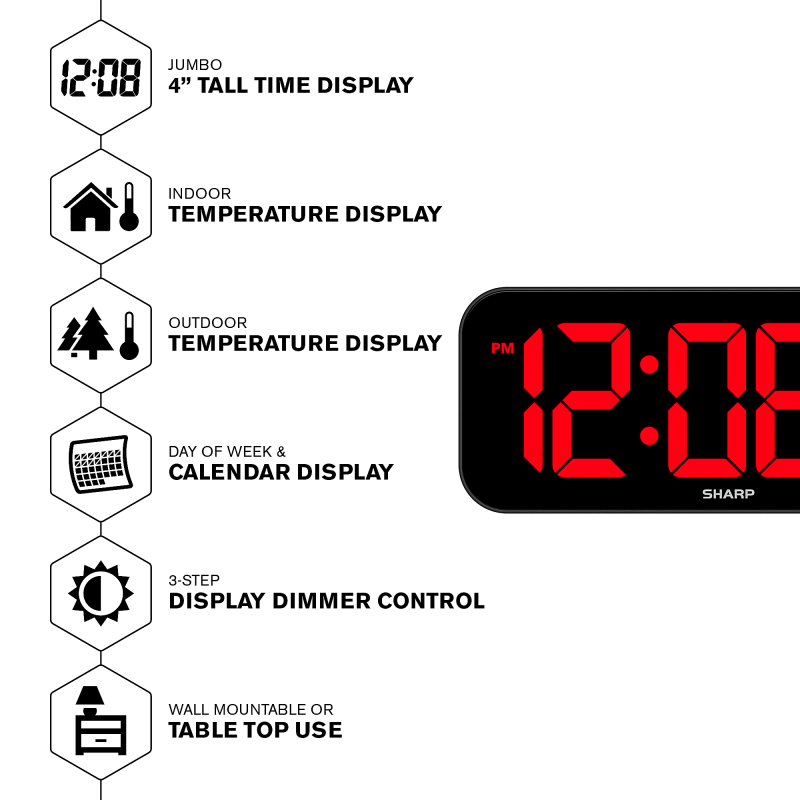 Sharp Jumbo 4'' LED Wall Clock with Indoor/Outdoor Temperature and Calendar Display, 5-7/8”H x 1”W x 14”D, Black - Image 3