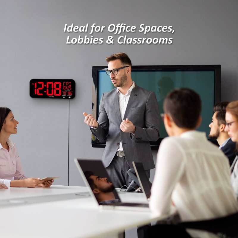 Sharp Jumbo 4'' LED Wall Clock with Indoor/Outdoor Temperature and Calendar Display, 5-7/8”H x 1”W x 14”D, Black - Image 6
