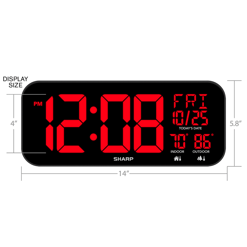 Sharp Jumbo 4'' LED Wall Clock with Indoor/Outdoor Temperature and Calendar Display, 5-7/8”H x 1”W x 14”D, Black - Image 7