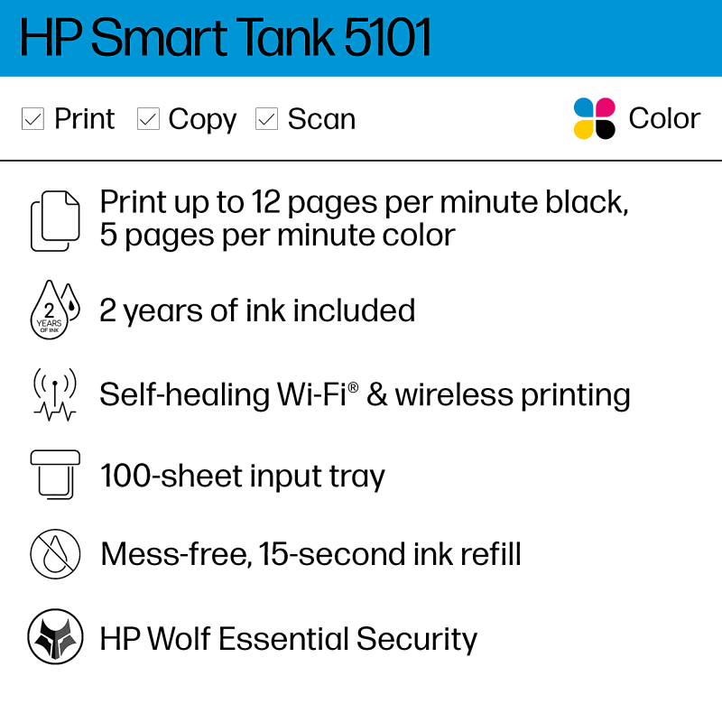 HP Smart Tank 5101 Wireless All-in-One Cartridge-free Ink Tank Color Printer With Up To 2 Years Of Ink Included (1F3Y0A) - Image 2