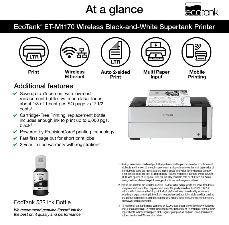 Epson® EcoTank® SuperTank® ET-M1170 Wireless Inkjet Monochrome Printer - Image 3
