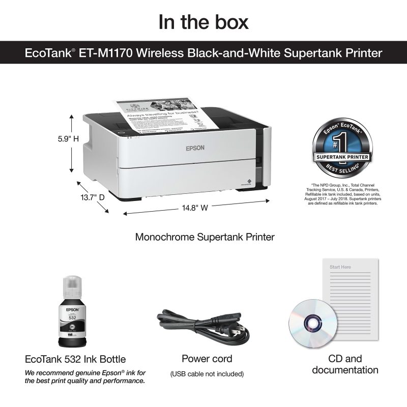 Epson® EcoTank® SuperTank® ET-M1170 Wireless Inkjet Monochrome Printer - Image 5