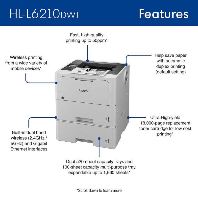 Brother® HL-L6210DWT Business Wireless Monochrome Laser Printer - Image 2