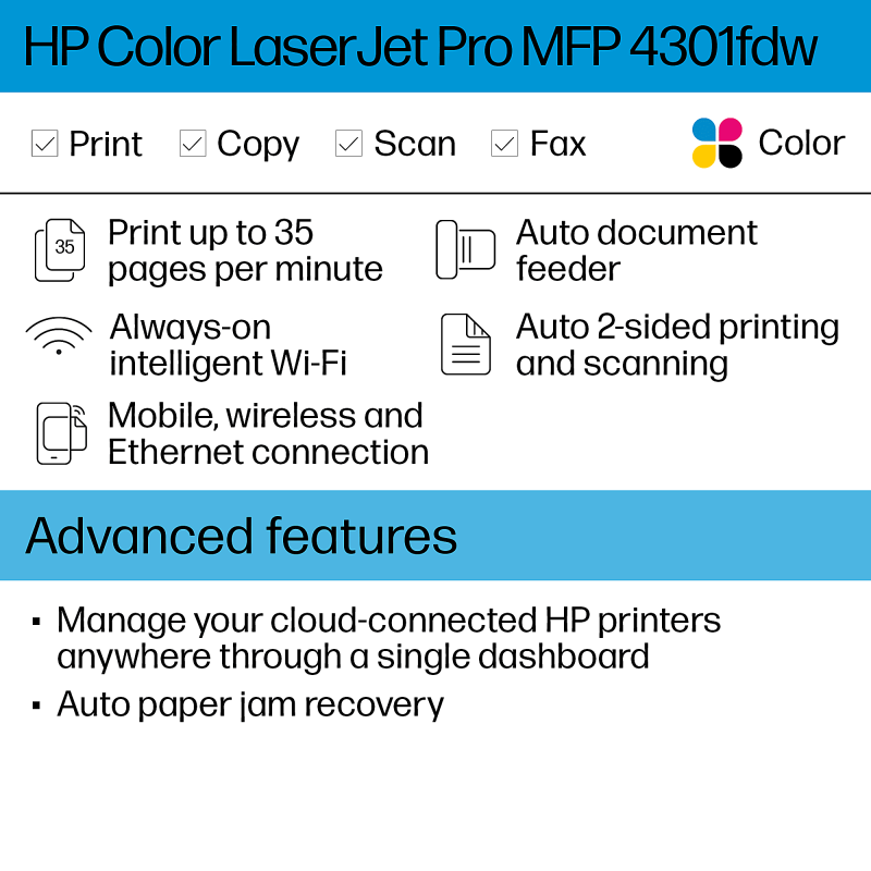 HP LaserJet Pro MFP 4301fdw Wireless All-In-One Laser Color Printer (4RA82F) - Image 3