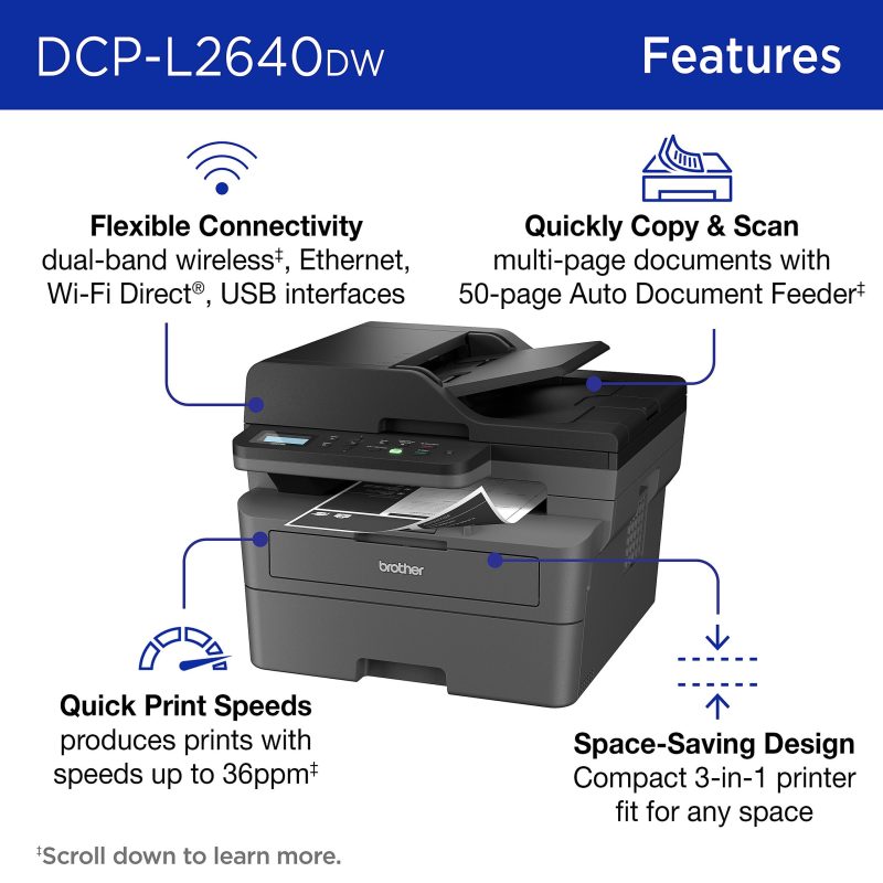 Brother DCP-L2640DW Wireless Compact Monochrome Multi-Function Laser Printer, Refresh EZ Print Eligibility - Image 2