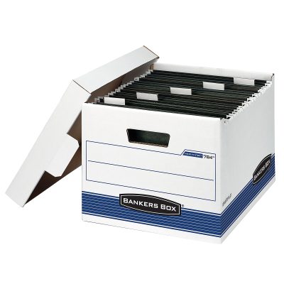 Bankers Box® Hang'N'Stor™ Medium-Duty Storage Boxes With Locking Lift-Off Lids And Built-In Handles, Letter Size, 15" x 12 1/4" x 9 3/4", 60% Recycled, White/Blue, Case Of 4