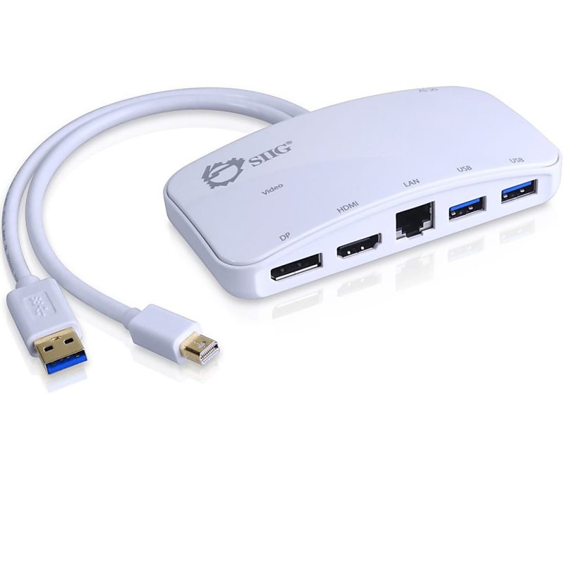 SIIG Mini-DP Video Dock with USB 3.0 LAN Hub - White - for Notebook/Tablet PC - USB 3.0 - 3 x USB Ports - 3 x USB 3.0 - Network (RJ-45) - HDMI - DisplayPort - Mini DisplayPort - Wired