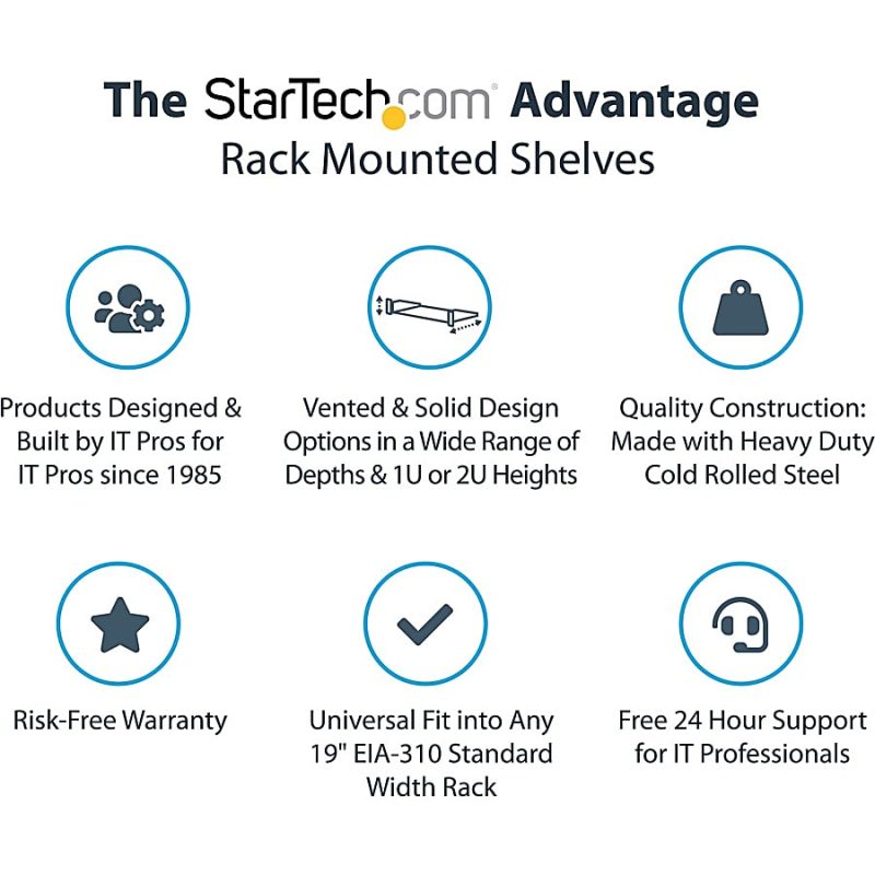 StarTech.com 1U Vented Server Rack Cabinet Shelf - Fixed 16" Deep Cantilever Rackmount Tray for 19" Data/AV/Network Enclosure w/Cage Nuts - Image 2
