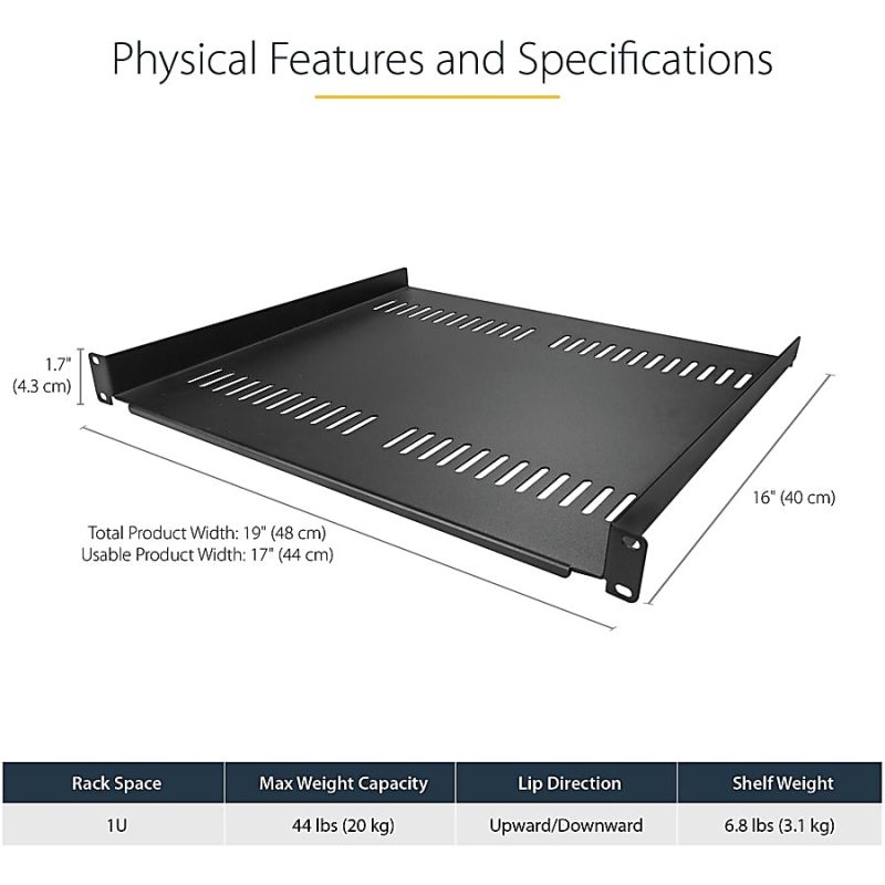 StarTech.com 1U Vented Server Rack Cabinet Shelf - Fixed 16" Deep Cantilever Rackmount Tray for 19" Data/AV/Network Enclosure w/Cage Nuts - Image 3