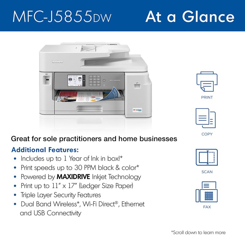 Brother® INKvestment Tank MFC-J5855DW Inkjet All-In-One Color Printer With Ink - Image 2