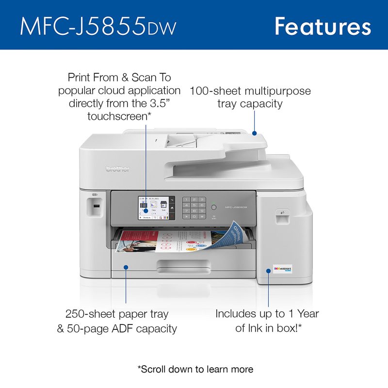 Brother® INKvestment Tank MFC-J5855DW Inkjet All-In-One Color Printer With Ink - Image 3