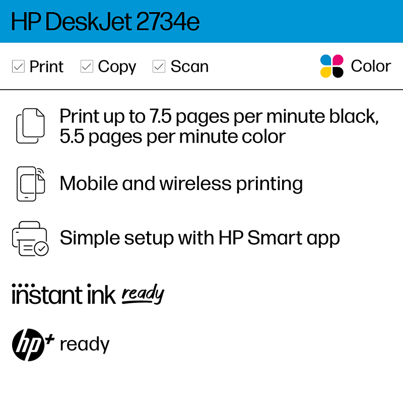 HP Deskjet 2734e Wireless Inkjet Multifunction Printer - Color - Copier/Printer/Scanner - 4800 x 1200 dpi Print - Manual Duplex Print - Up to 1000 Pages Monthly - Color Flatbed Scanner - 1200 dpi Optical Scan - Wireless LAN - Image 2