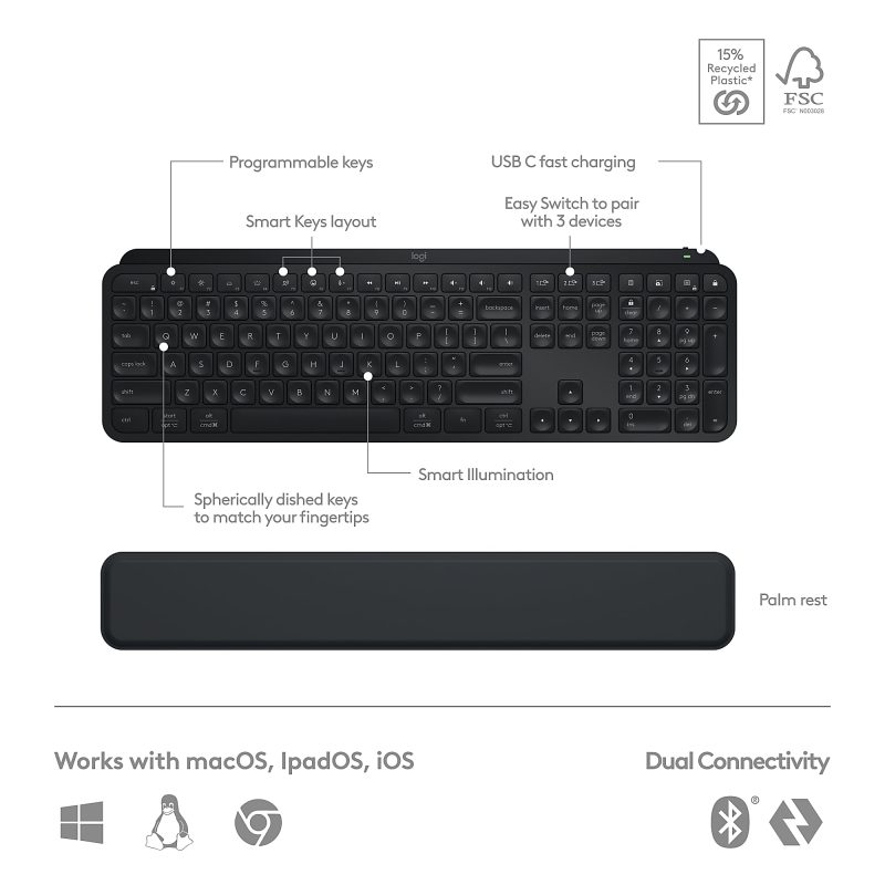Logitech® MX Keys S Wireless Keyboard And Mouse Combo With Palm Rest, Full Size, 22% Recycled, Black, 920-012274 - Image 6
