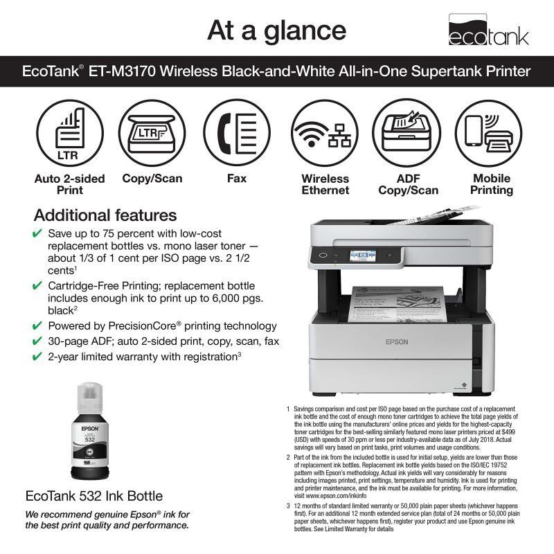 Epson® EcoTank® ET-M3170 SuperTank® Wireless All-In-One Monochrome Printer - Image 3