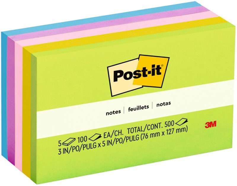 Post-it Notes, 5 Pads, 3 in x 5 in, Clean Removal, School Supplies and Office Products, Sticky Notes for Vertical Surfaces, Monitors, Walls and Windows, Floral Fantasy Collection