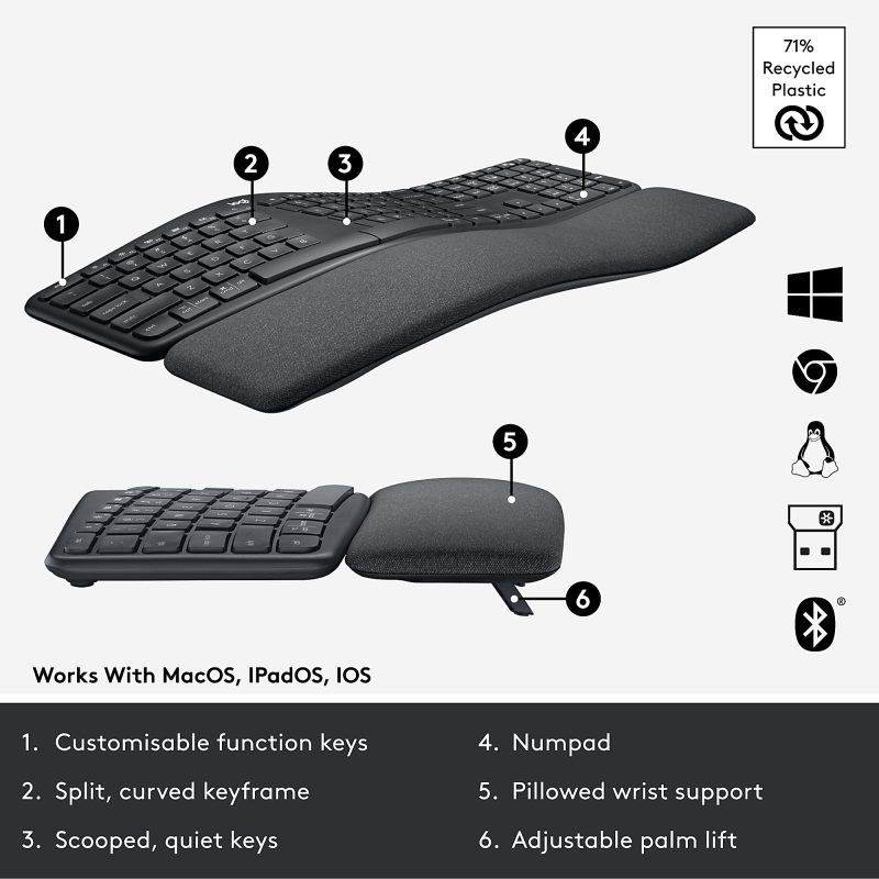 Logitech ERGO K860 Wireless Ergonomic Keyboard - Split Keyboard, Wrist Rest, Natural Typing, Stain-Resistant Fabric - Image 6