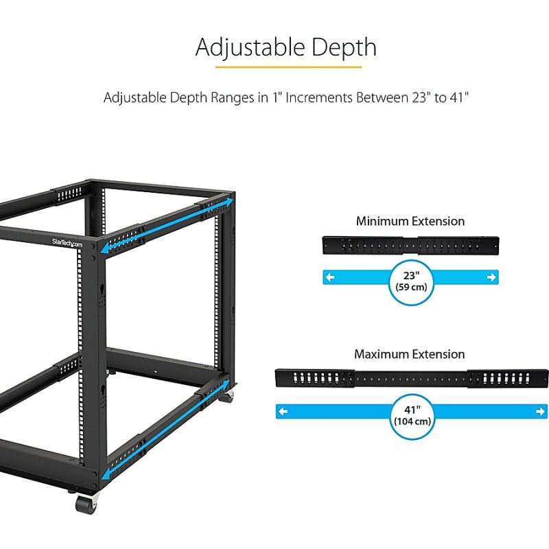 StarTech.com 15U Open Frame Rack - 4 Post - 22-40 in. Adjustable Depth - 1200 lbs Weight Capacity - Includes Casters (4POSTRACK15U) - Image 2
