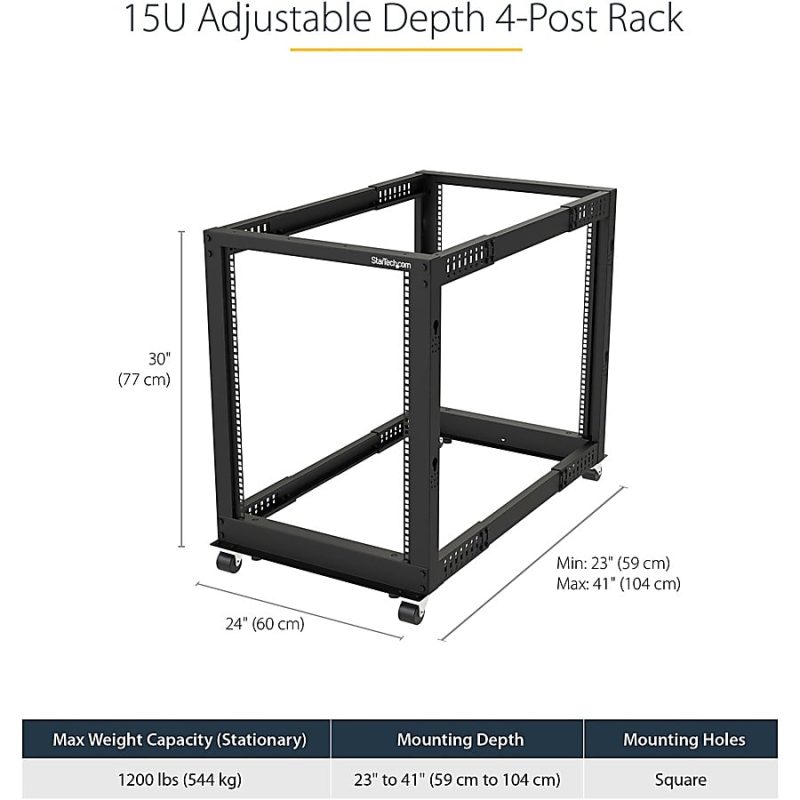 StarTech.com 15U Open Frame Rack - 4 Post - 22-40 in. Adjustable Depth - 1200 lbs Weight Capacity - Includes Casters (4POSTRACK15U) - Image 3