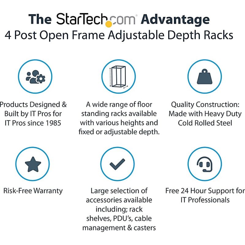 StarTech.com 15U Open Frame Rack - 4 Post - 22-40 in. Adjustable Depth - 1200 lbs Weight Capacity - Includes Casters (4POSTRACK15U) - Image 4