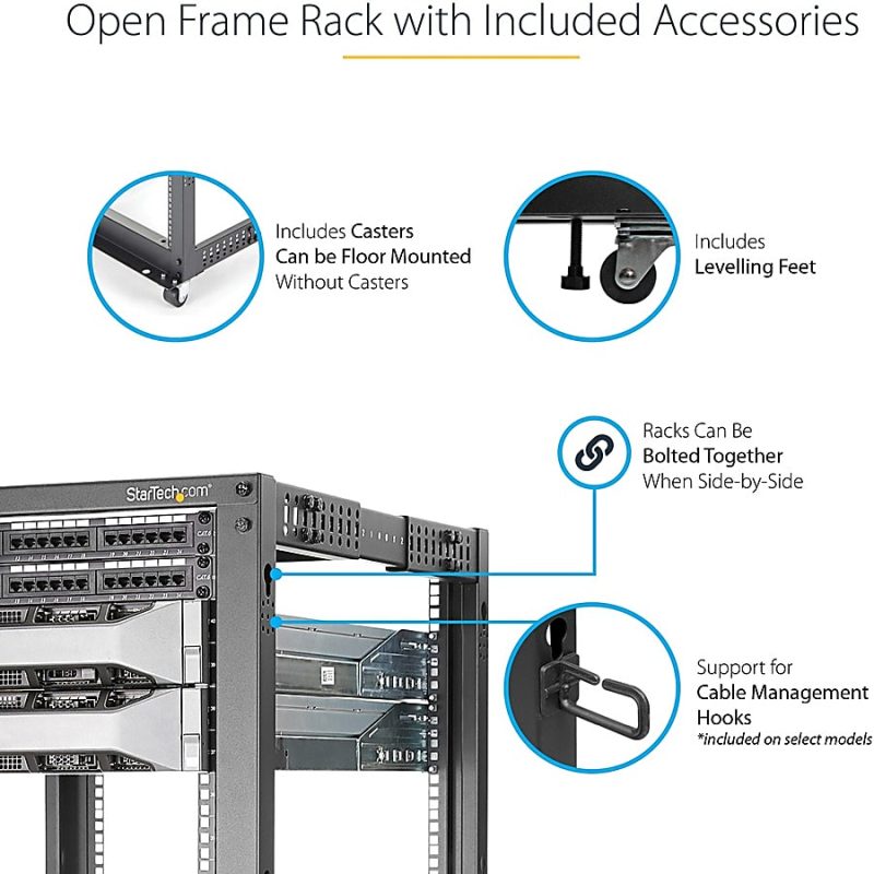 StarTech.com 15U Open Frame Rack - 4 Post - 22-40 in. Adjustable Depth - 1200 lbs Weight Capacity - Includes Casters (4POSTRACK15U) - Image 5