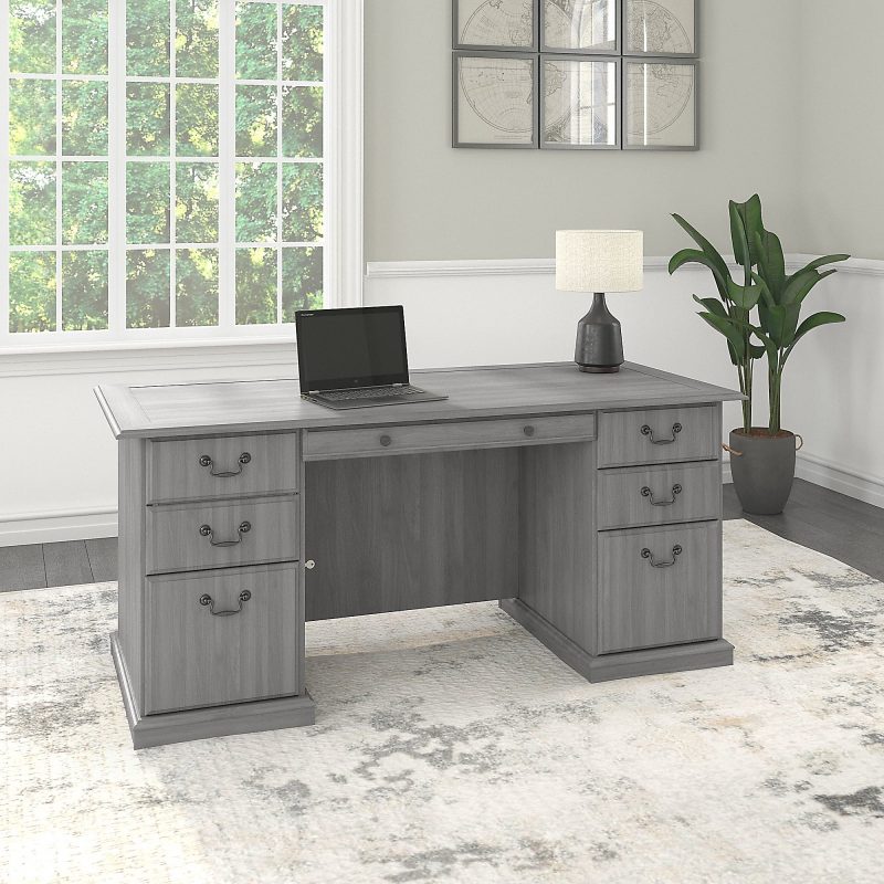 Bush Furniture Saratoga Executive 66"W Computer Desk With Drawers, Modern Gray, Standard Delivery - Image 2