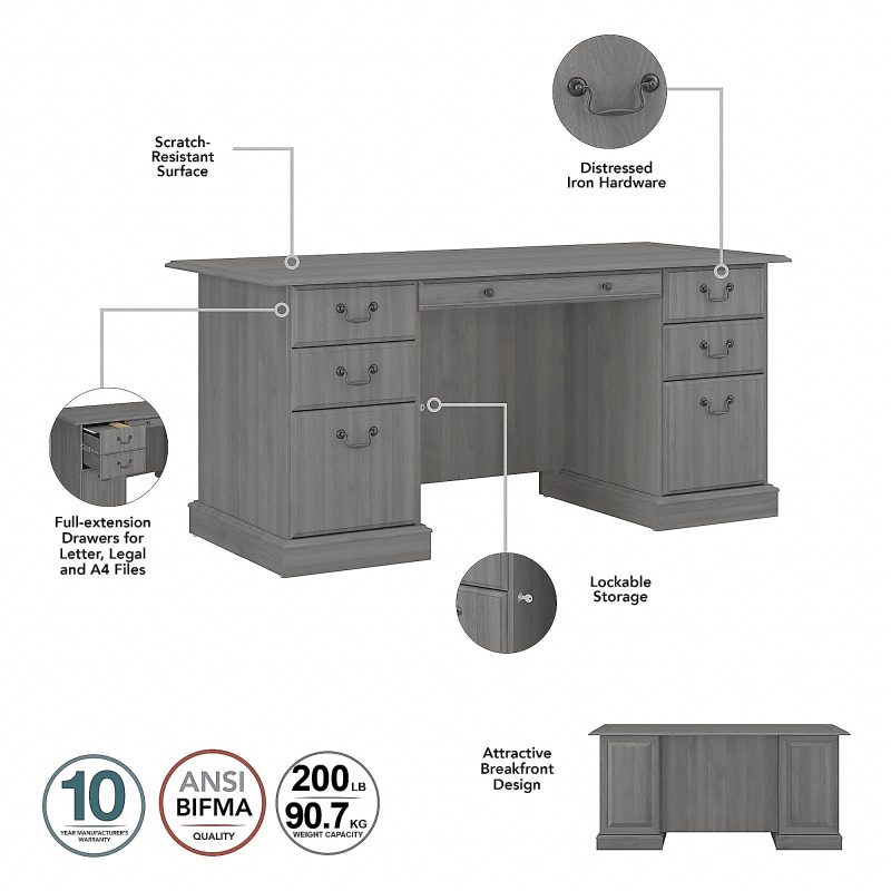 Bush Furniture Saratoga Executive 66"W Computer Desk With Drawers, Modern Gray, Standard Delivery - Image 3