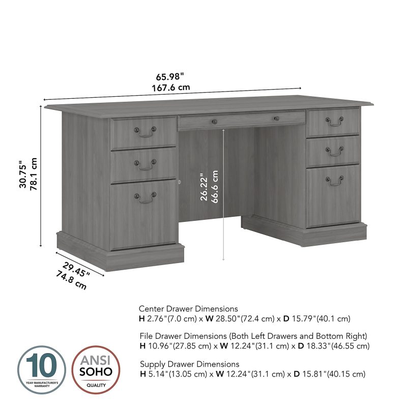Bush Furniture Saratoga Executive 66"W Computer Desk With Drawers, Modern Gray, Standard Delivery - Image 8