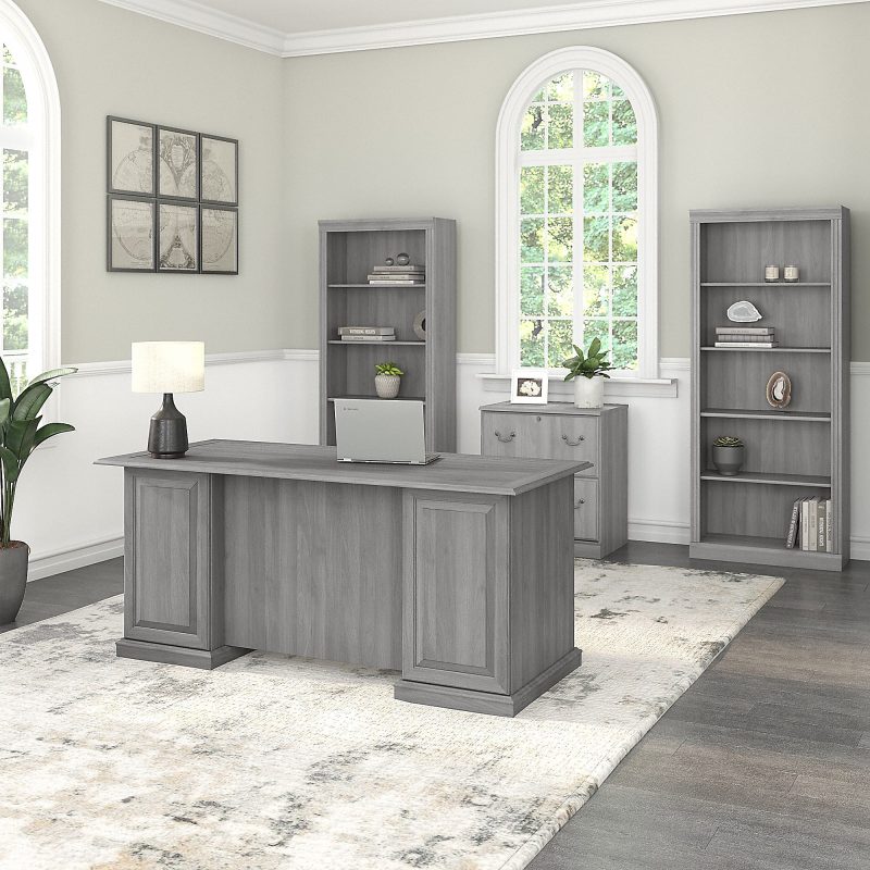 Bush Furniture Saratoga Executive 66"W Computer Desk With Drawers, Modern Gray, Standard Delivery - Image 10