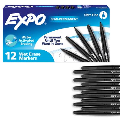 EXPO® Vis-a-Vis® Wet-Erase Fine-Tip Markers, Black, Box Of 12