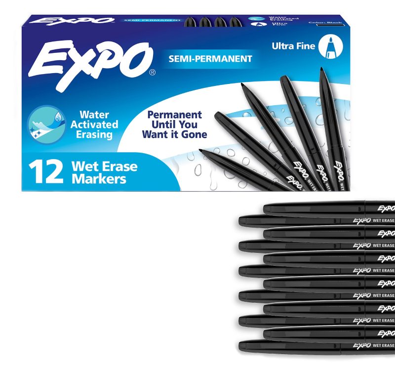 EXPO® Vis-a-Vis® Wet-Erase Fine-Tip Markers, Black, Box Of 12