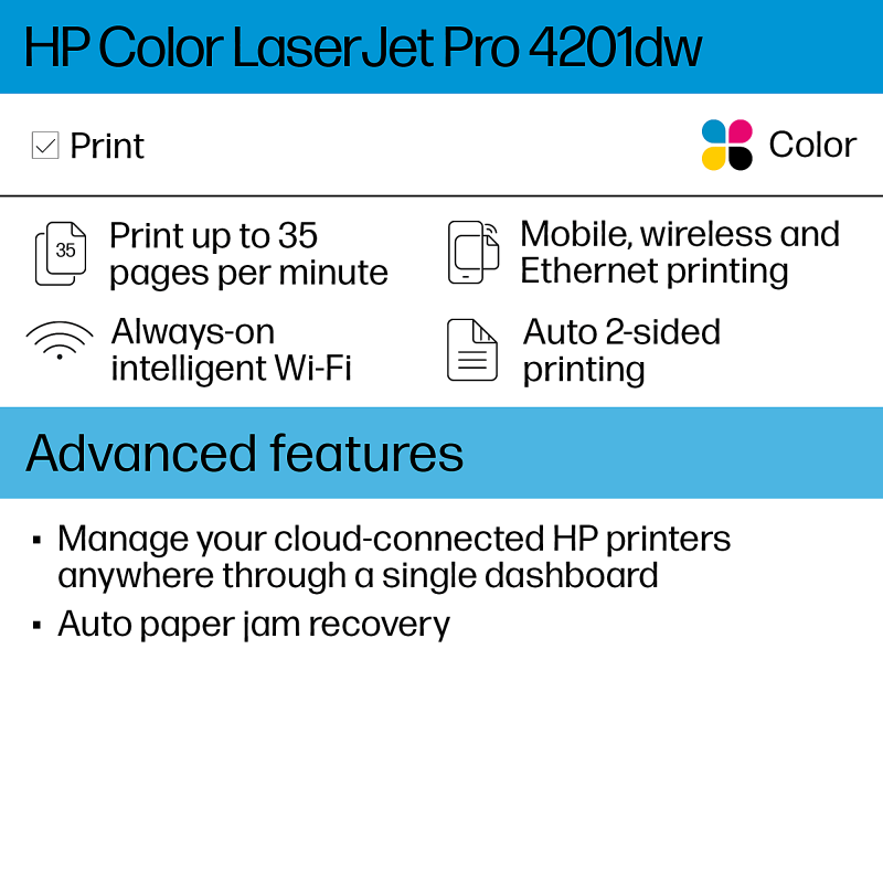 HP LaserJet Pro 4201dw Wireless Laser Color Printer (4RA86F) - Image 3