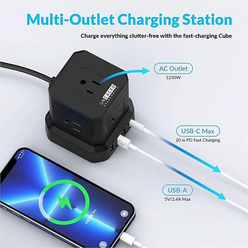 Cube Surge Protector Power Strip with usb ports 10ft extension cord with multiple outlets Black - Space Saving 9 outlet usp power strip: 5 AC Outlets, 3 USB Ports, 1 USB-C Port, Surge Protected, On/Off Switch - Image 2