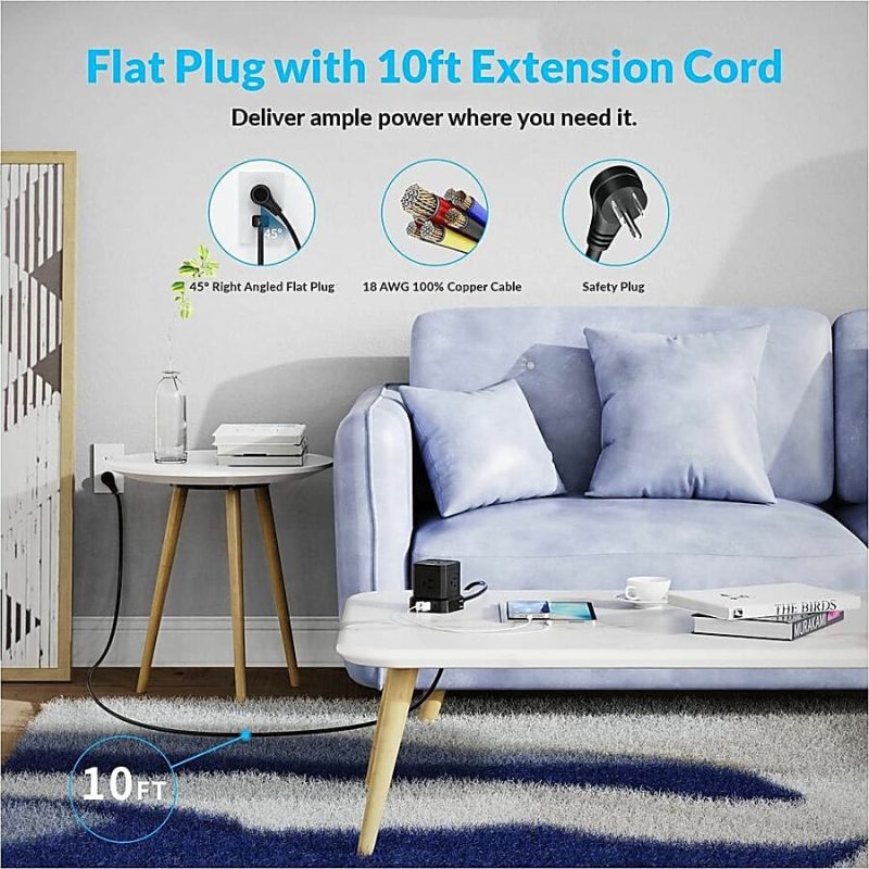 Cube Surge Protector Power Strip with usb ports 10ft extension cord with multiple outlets Black - Space Saving 9 outlet usp power strip: 5 AC Outlets, 3 USB Ports, 1 USB-C Port, Surge Protected, On/Off Switch - Image 4