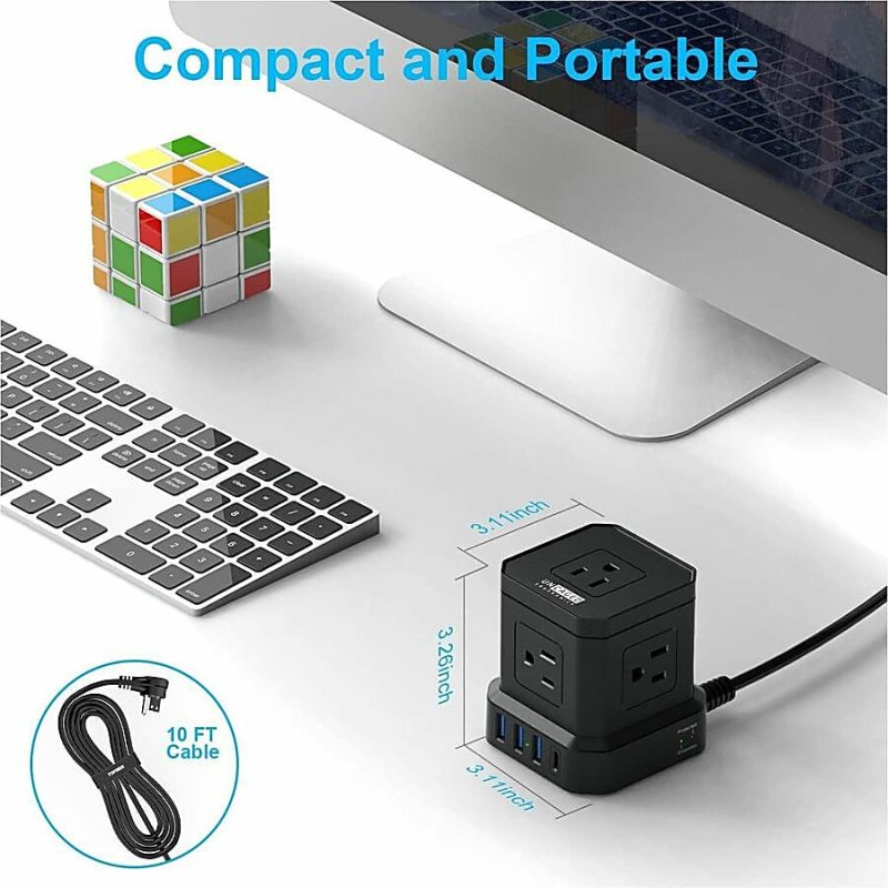 Cube Surge Protector Power Strip with usb ports 10ft extension cord with multiple outlets Black - Space Saving 9 outlet usp power strip: 5 AC Outlets, 3 USB Ports, 1 USB-C Port, Surge Protected, On/Off Switch - Image 5