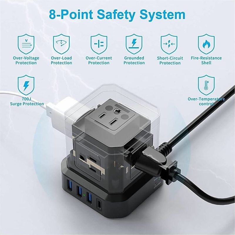 Cube Surge Protector Power Strip with usb ports 10ft extension cord with multiple outlets Black - Space Saving 9 outlet usp power strip: 5 AC Outlets, 3 USB Ports, 1 USB-C Port, Surge Protected, On/Off Switch - Image 7
